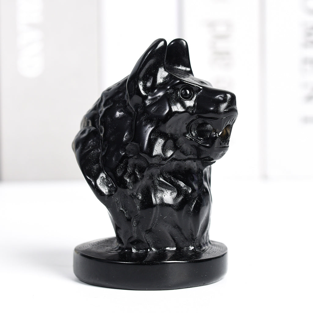 Natural crystal Obsidian wolf head high-quality material carving