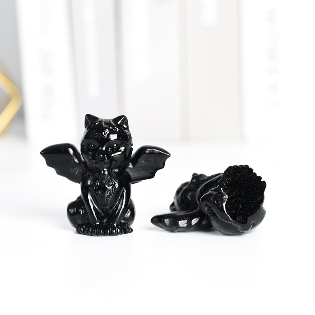 Natural Obsidian owl with wings carved natural crystal