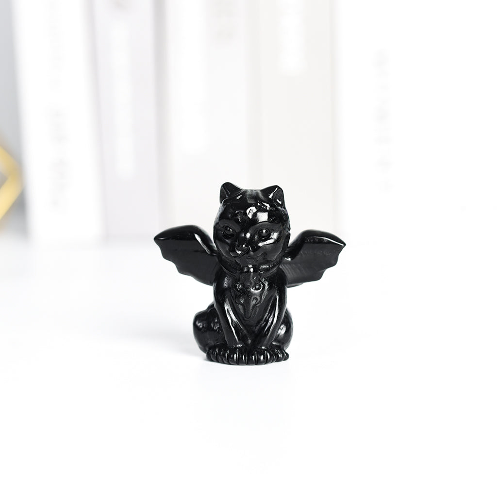 Natural Obsidian owl with wings carved natural crystal