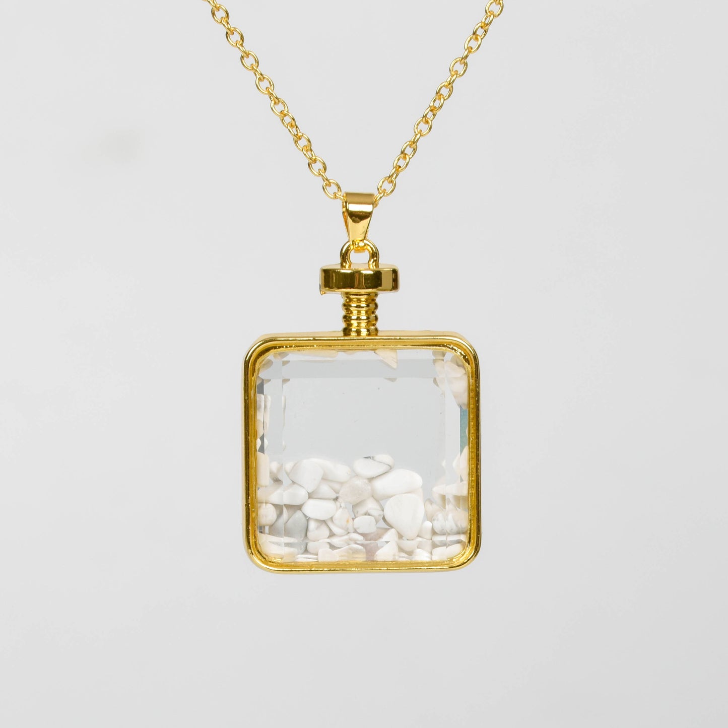 Glass square necklace Gravel pendant Metal chain