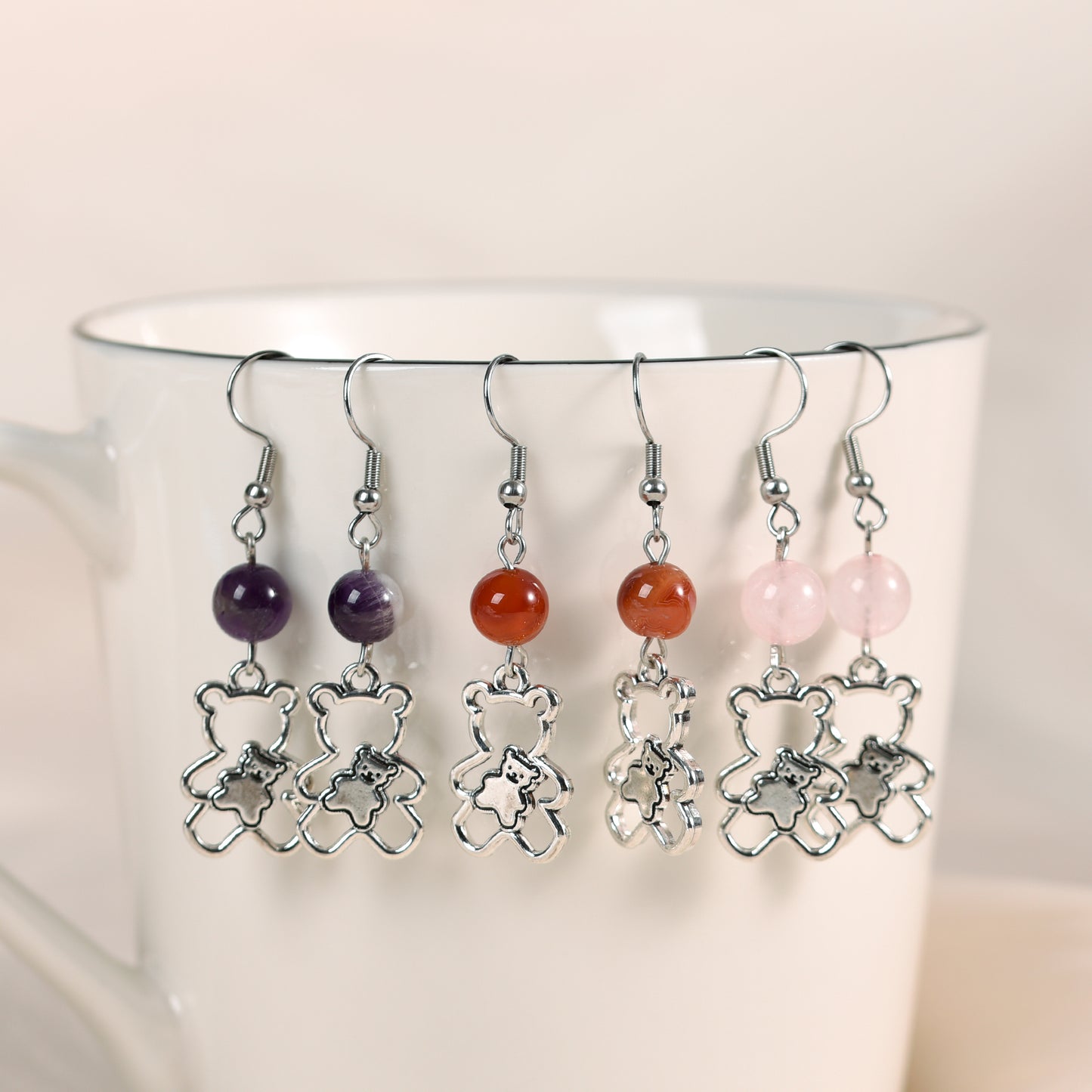 Natural Crystal Bear  Earrings Silver Cute Create personalized accessories