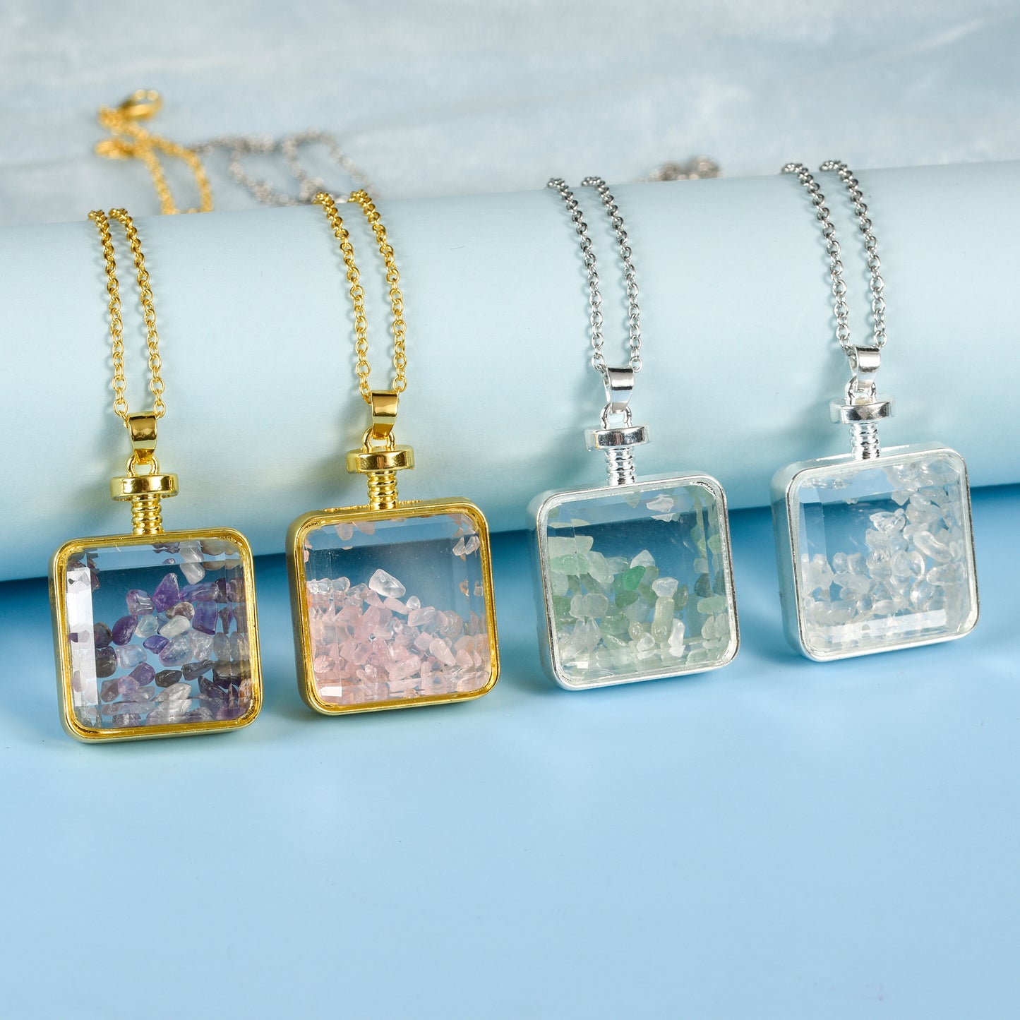 Glass square necklace Gravel pendant Metal chain