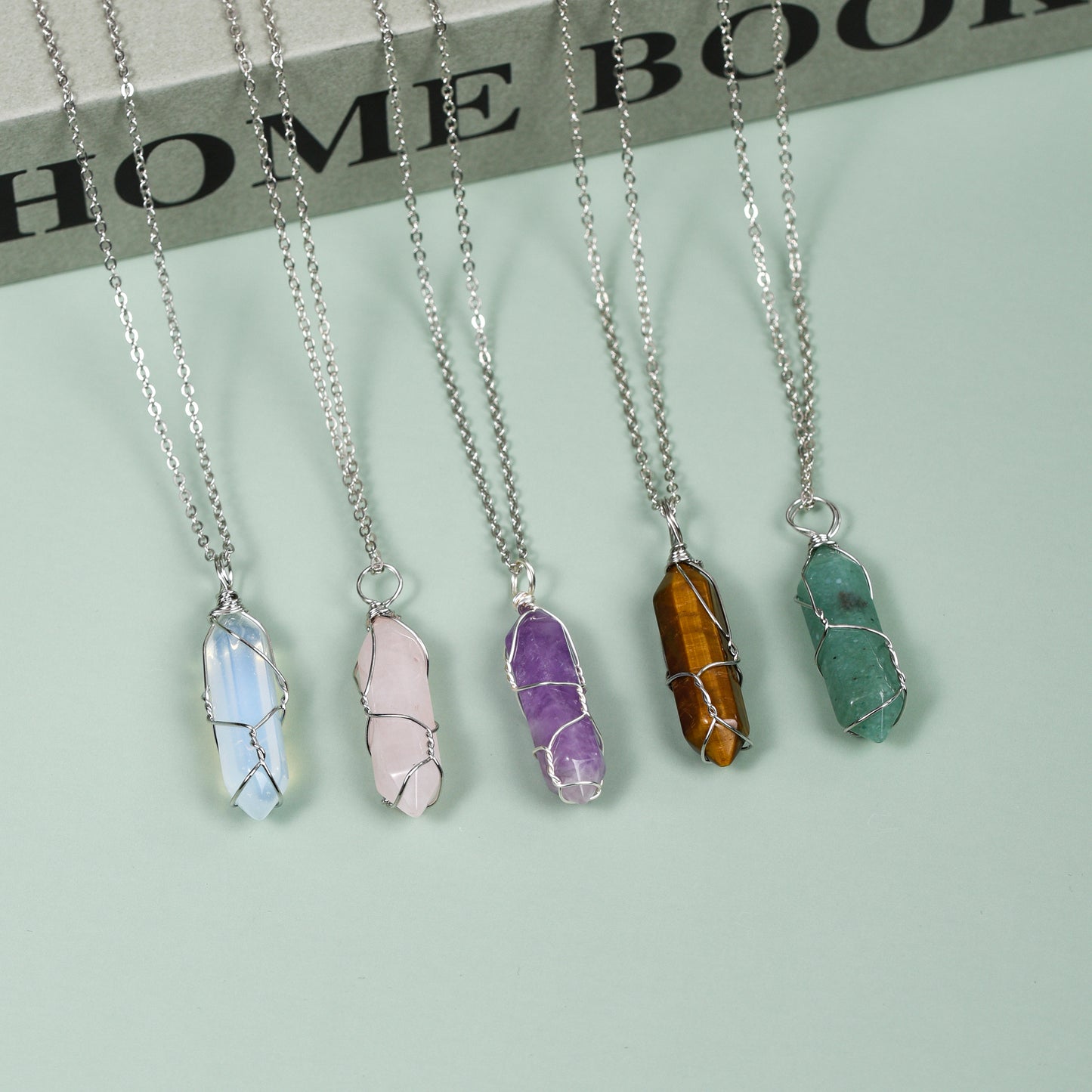 Hexagonal Cylindrical Natural Crystal Necklace Stone Pendant Wire Wrap Stone Necklace