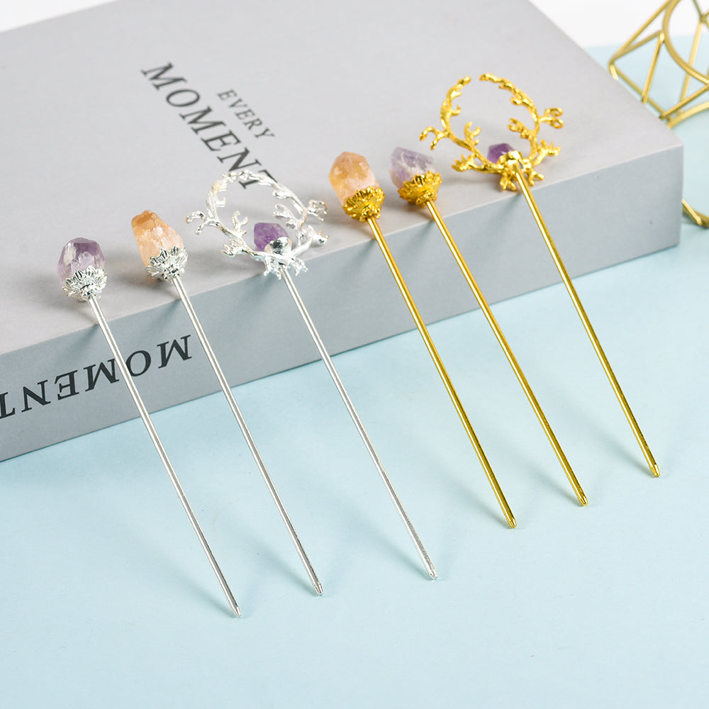 Design sense niche crystal raw stone tassel chalcedony new Chinese Heavy duty hairpin personality simple elegant retro hairfork