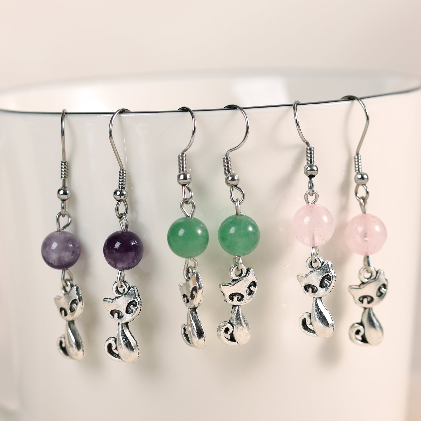 Natural Crystal Cat Earrings Silver Jewelry Create personalized