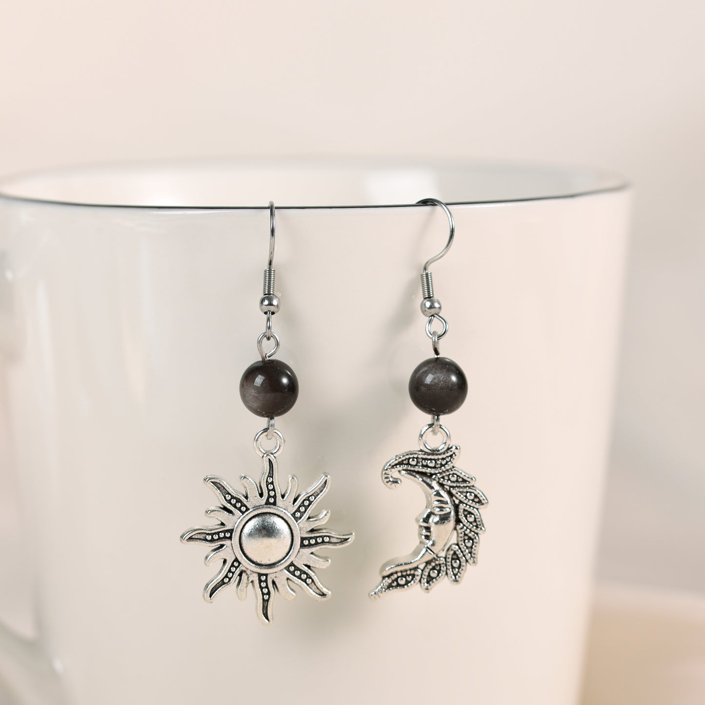 Natural Crystal Moon and Sun Earrings Fashion Silver obsidian jewelry