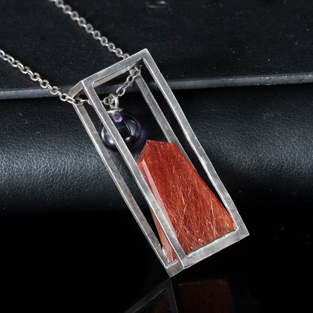 High-end design red hair crystal silver inlaid pendant