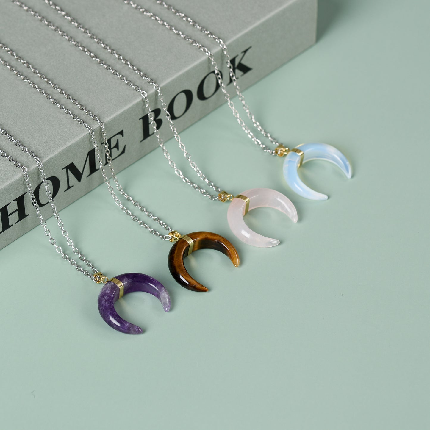 Fashion Chakra Bull Horn Pendant  Crystal Crescent Moon Necklace Women Men Jewelry