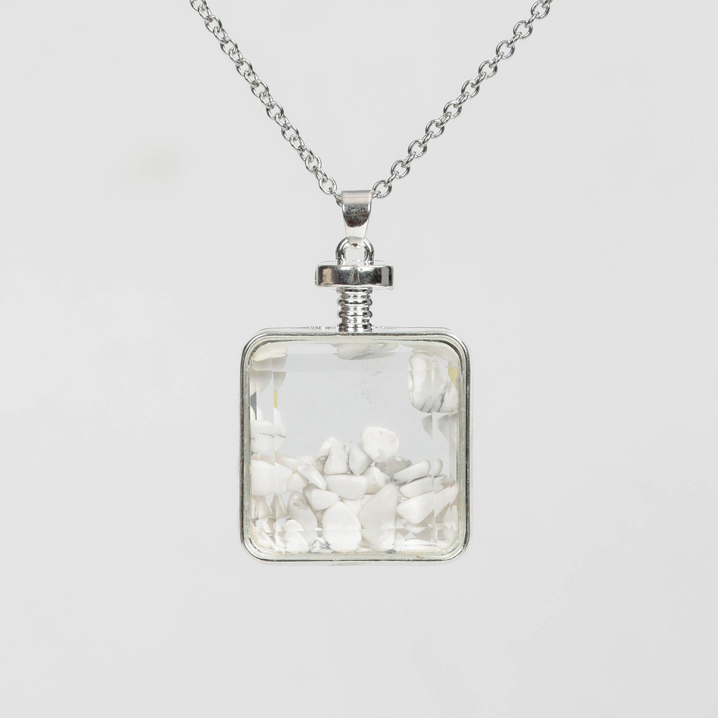 Glass square necklace Gravel pendant Metal chain