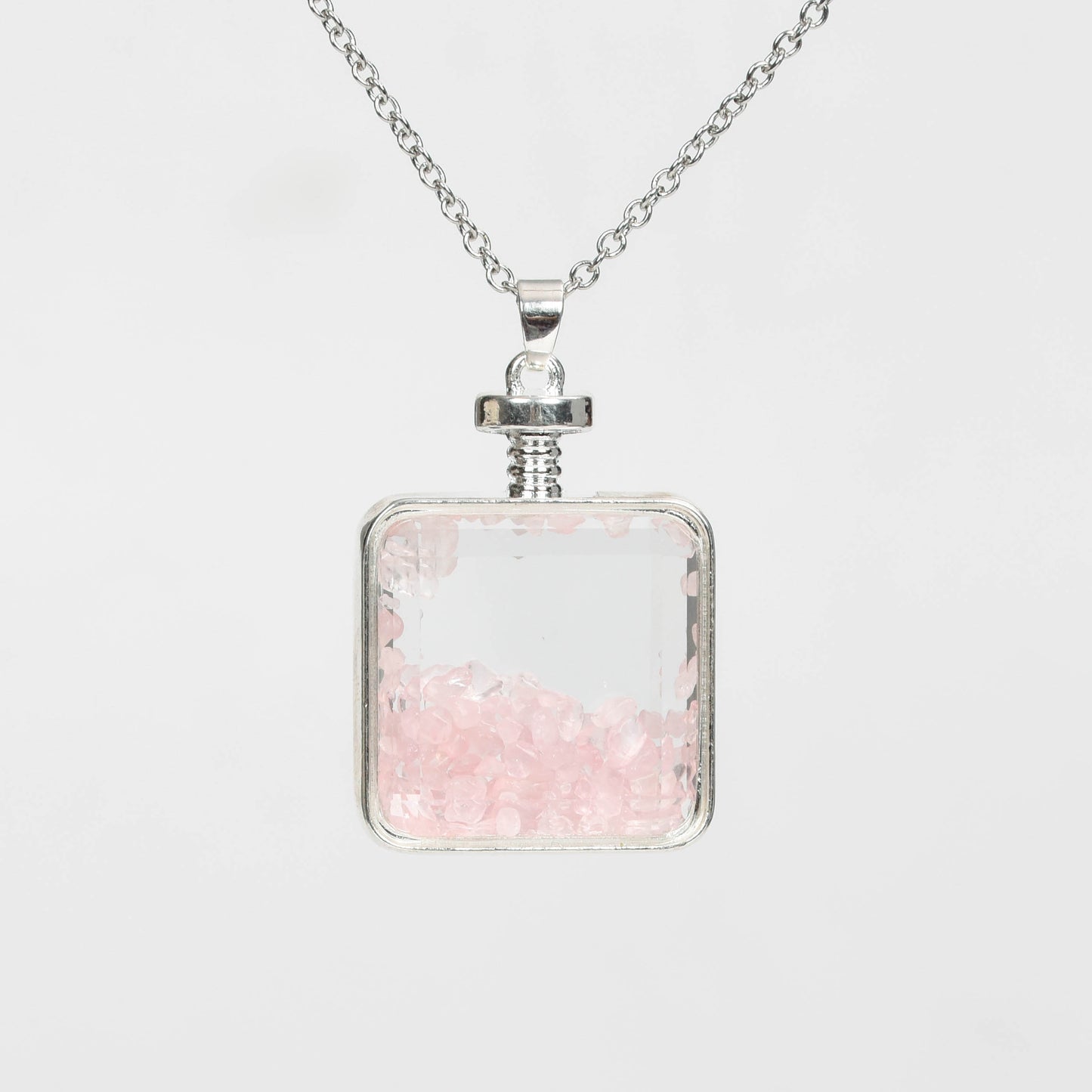 Glass square necklace Gravel pendant Metal chain