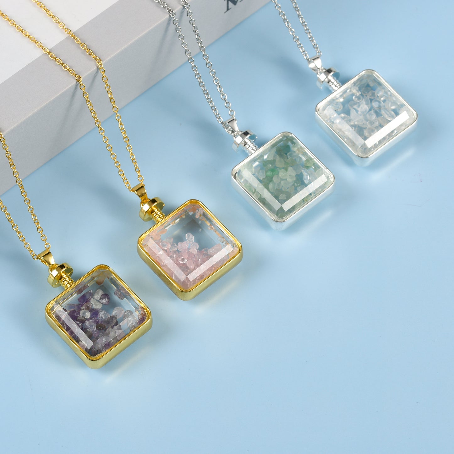 Glass square necklace Gravel pendant Metal chain