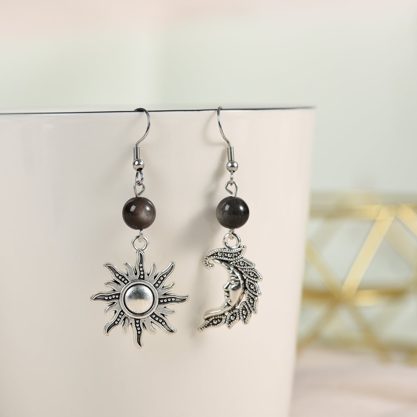 Natural Crystal Moon and Sun Earrings Fashion Silver obsidian jewelry