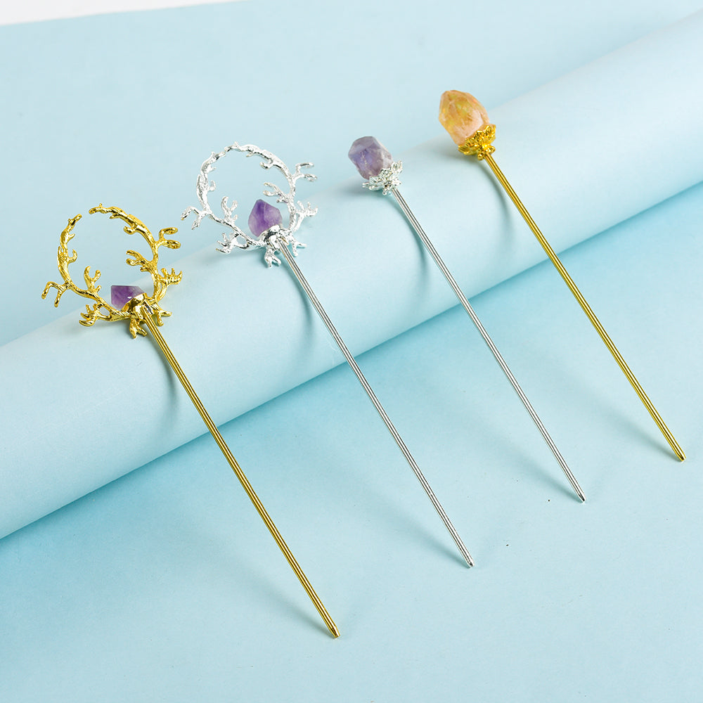 Design sense niche crystal raw stone tassel chalcedony new Chinese Heavy duty hairpin personality simple elegant retro hairfork