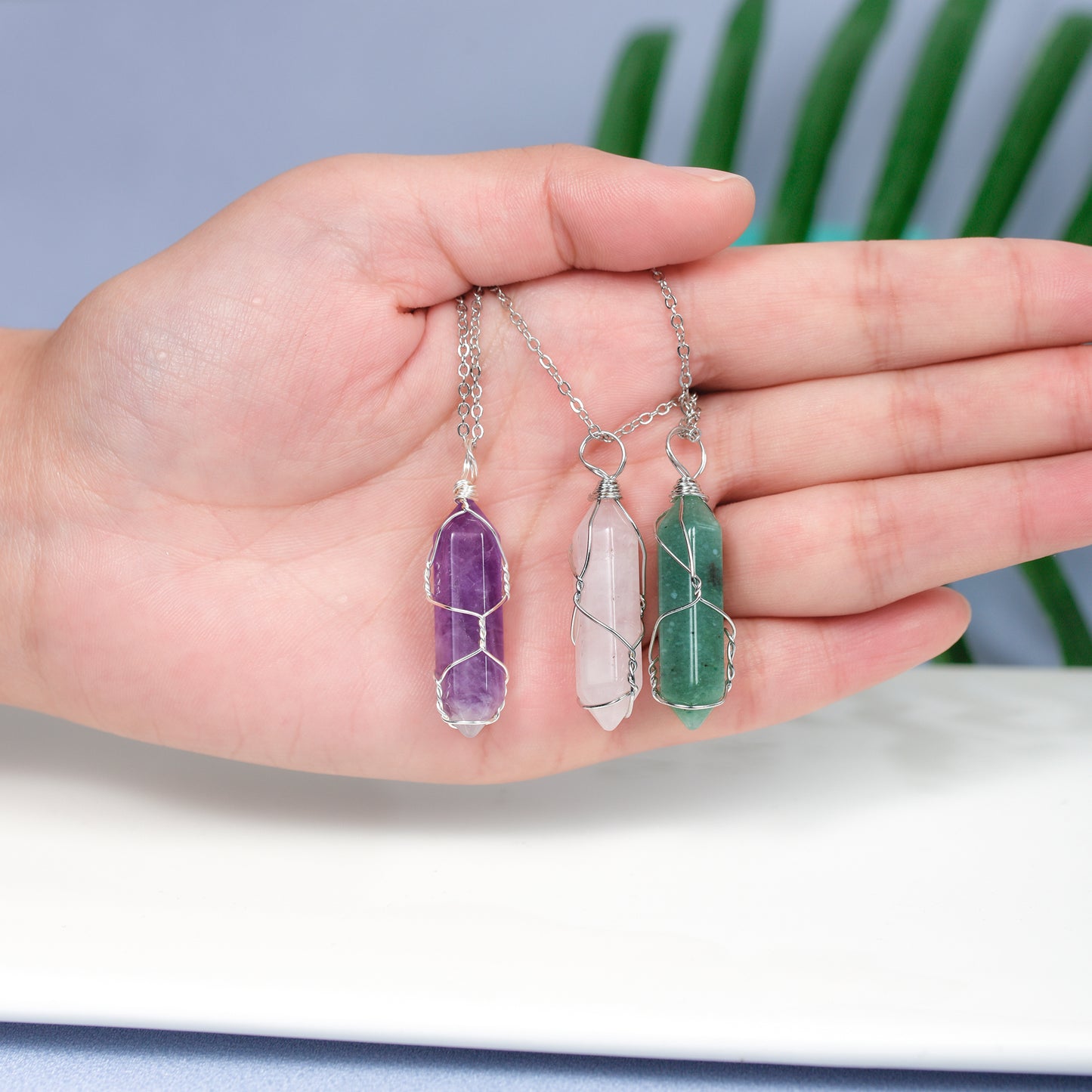 Hexagonal Cylindrical Natural Crystal Necklace Stone Pendant Wire Wrap Stone Necklace