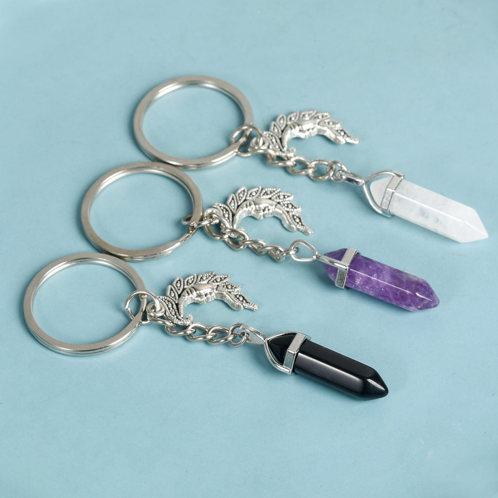 Natural crystal stone pillar Sun keychain pendant amethyst heart pendant moon creative car bag pendant batch