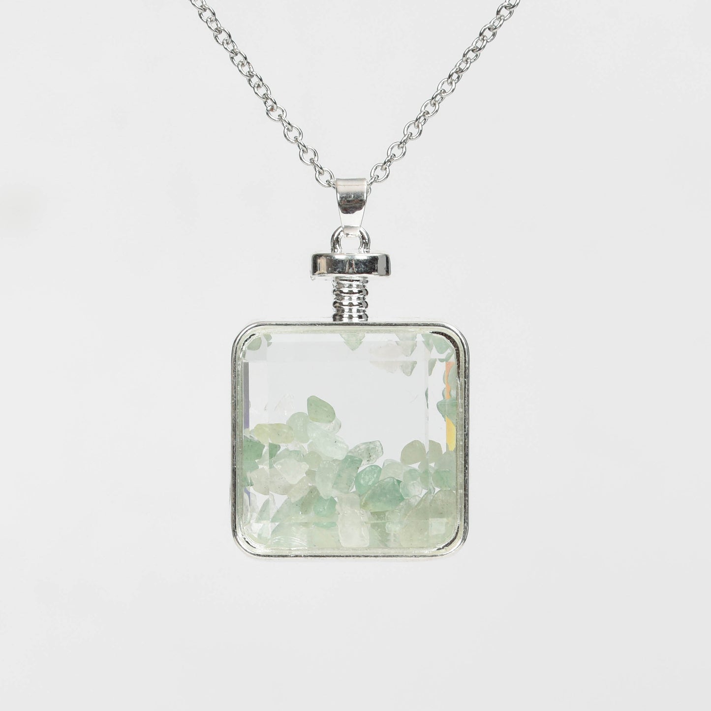 Glass square necklace Gravel pendant Metal chain