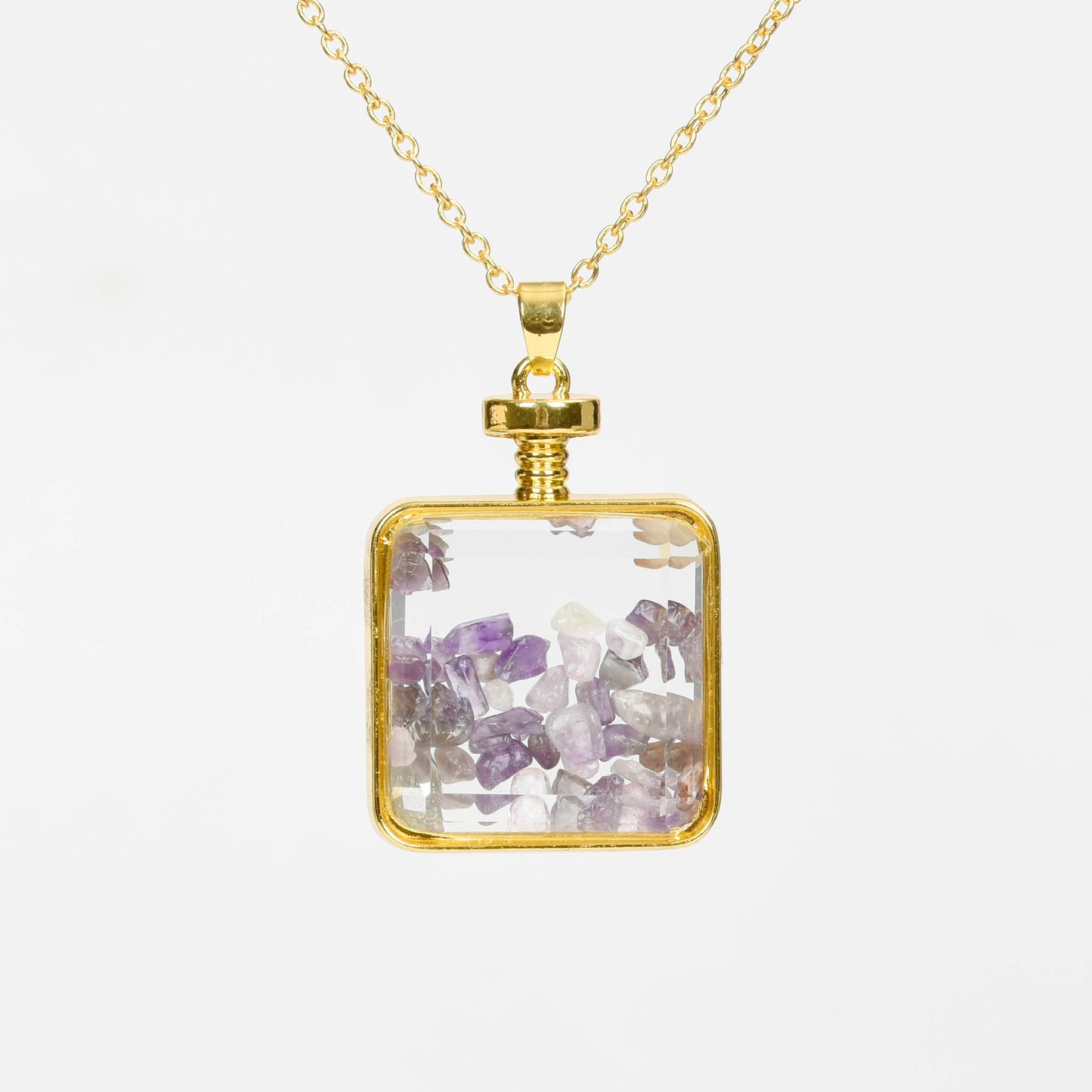 Glass square necklace Gravel pendant Metal chain