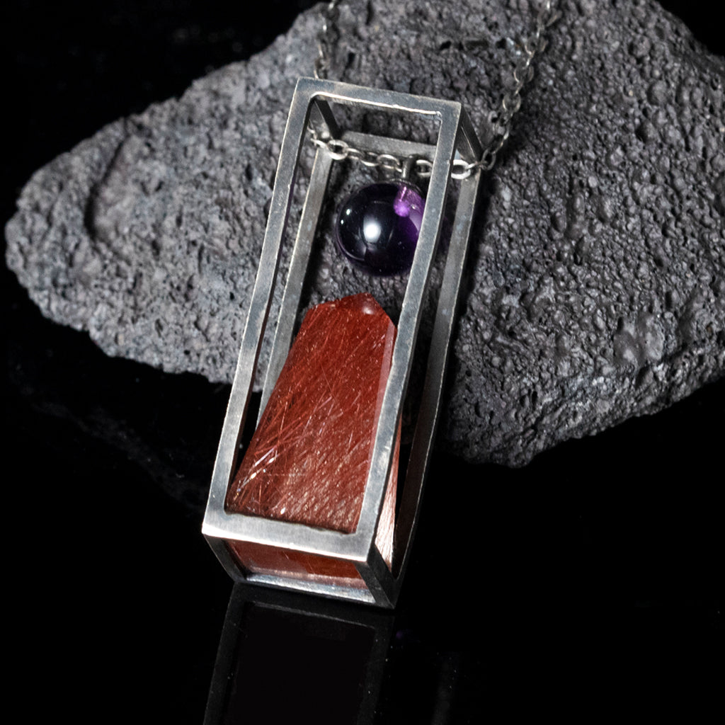 High-end design red hair crystal silver inlaid pendant