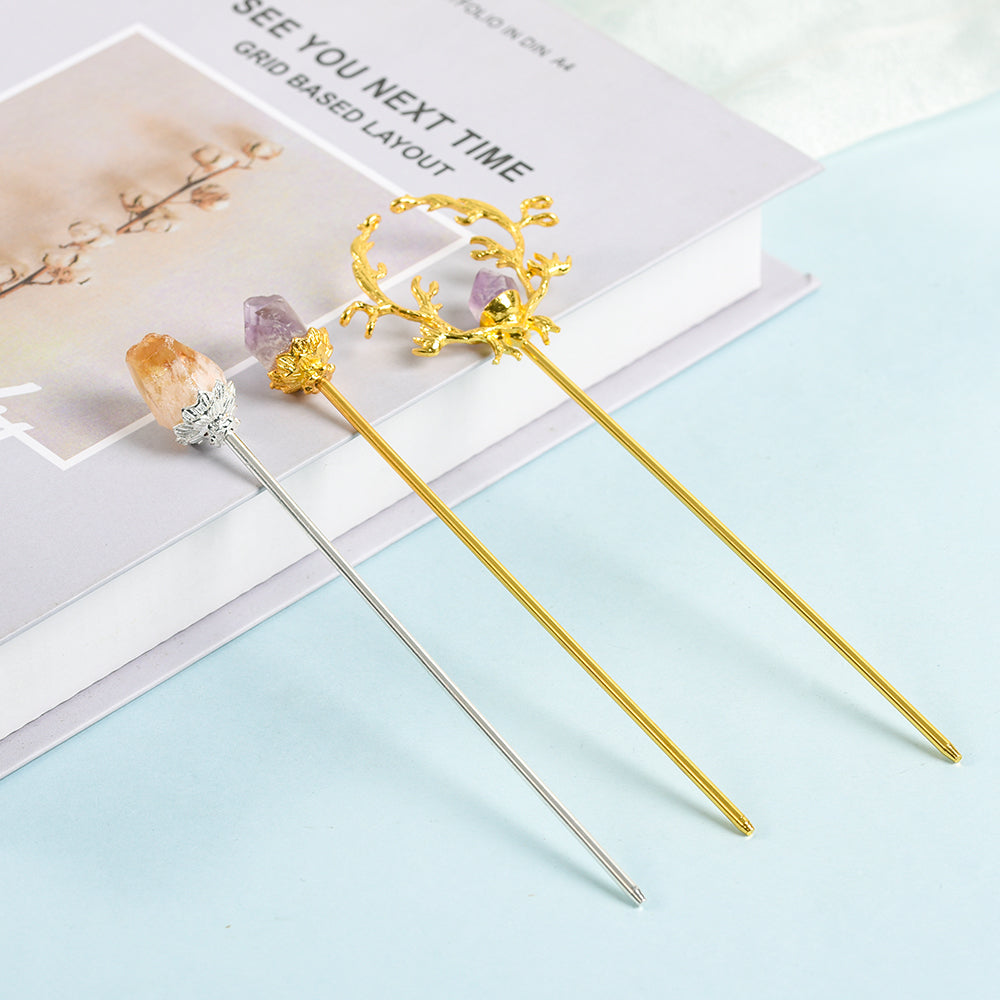 Design sense niche crystal raw stone tassel chalcedony new Chinese Heavy duty hairpin personality simple elegant retro hairfork