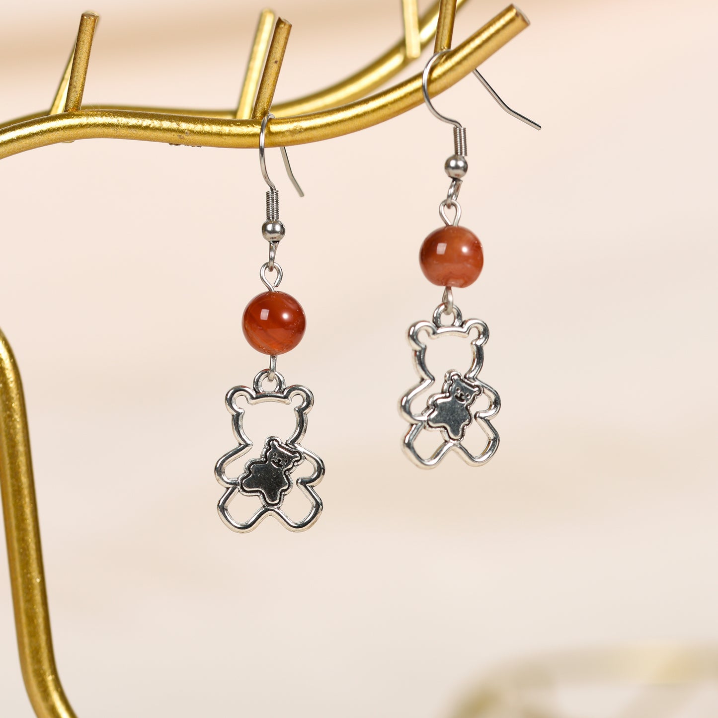 Natural Crystal Bear  Earrings Silver Cute Create personalized accessories