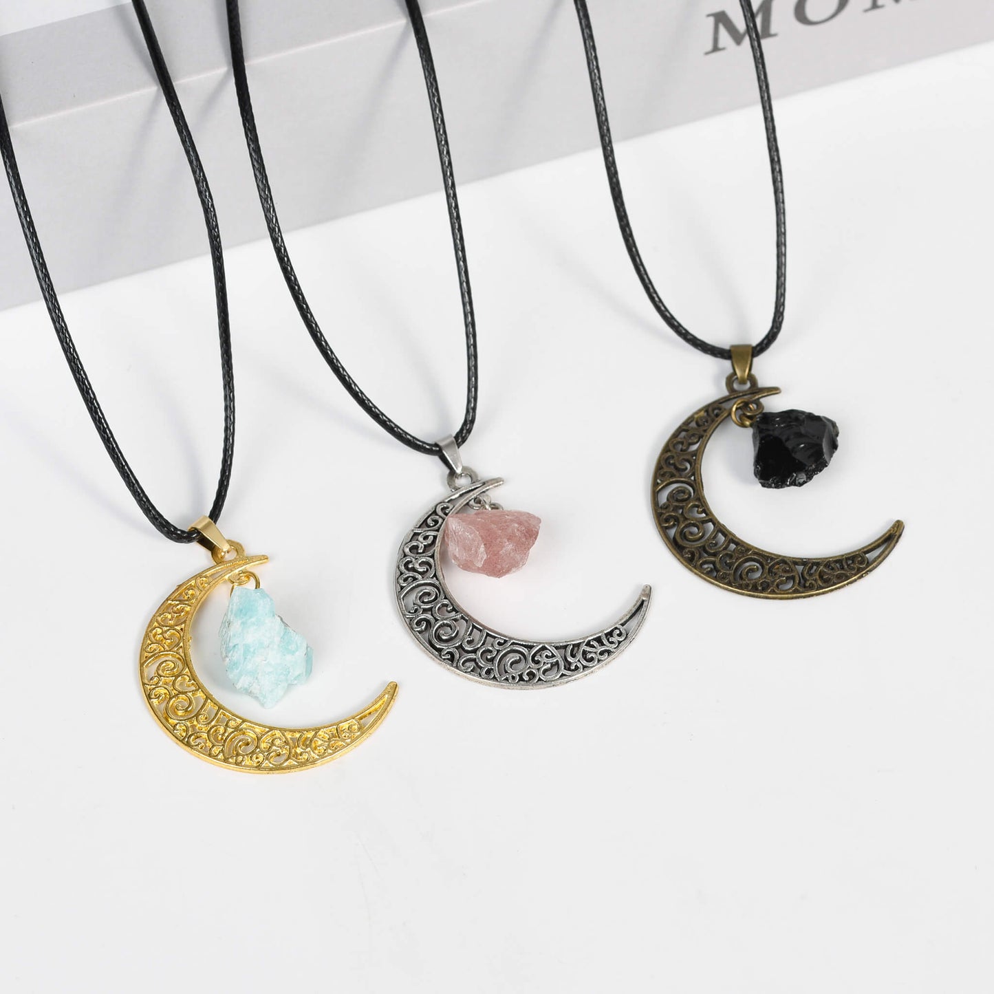 Natural crystal raw stone moon pendant