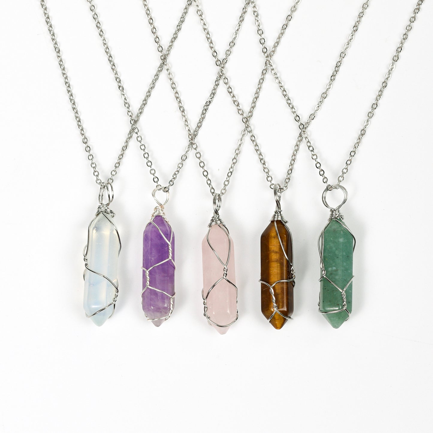 Hexagonal Cylindrical Natural Crystal Necklace Stone Pendant Wire Wrap Stone Necklace