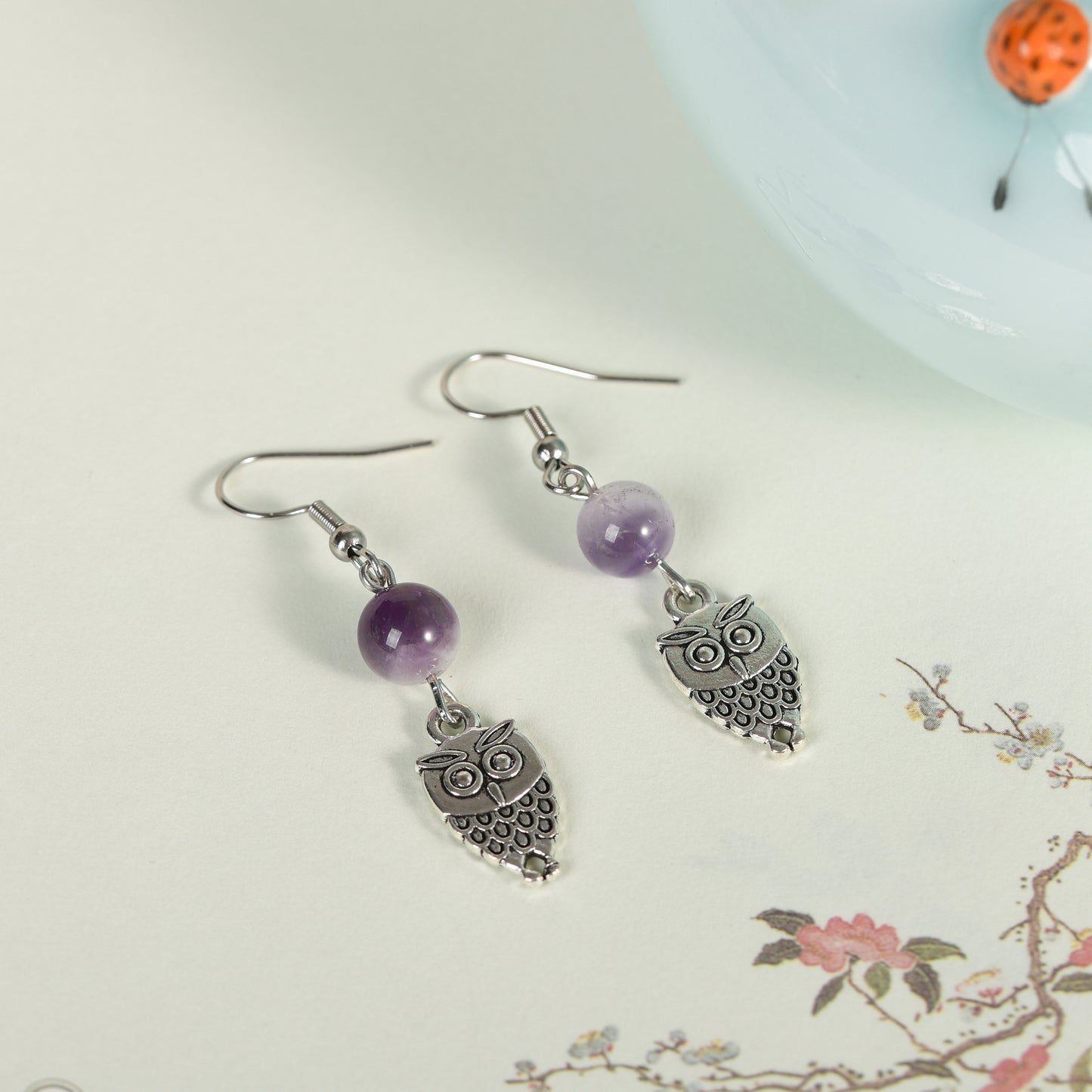 Sunnycrystal Natural Crystal Owl  Earrings Silver Fashion Wholesale