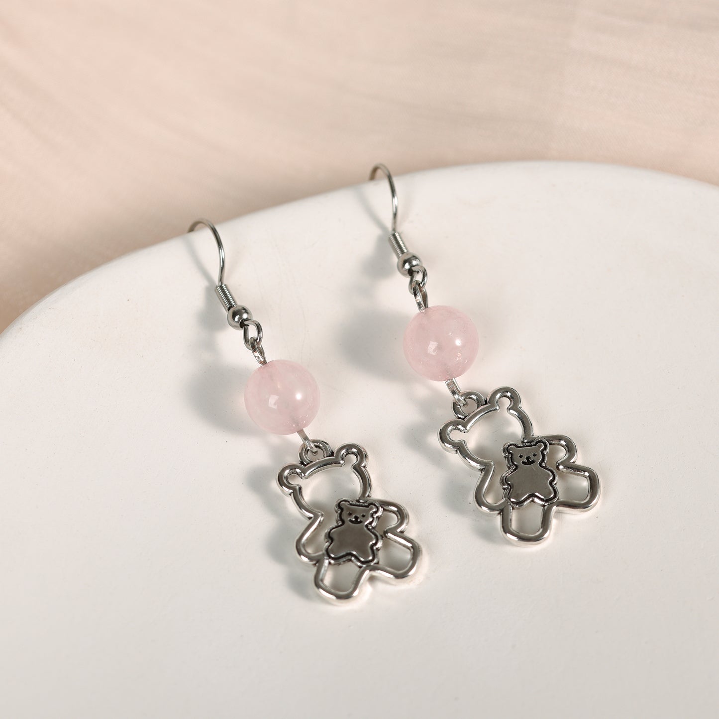 Natural Crystal Bear  Earrings Silver Cute Create personalized accessories