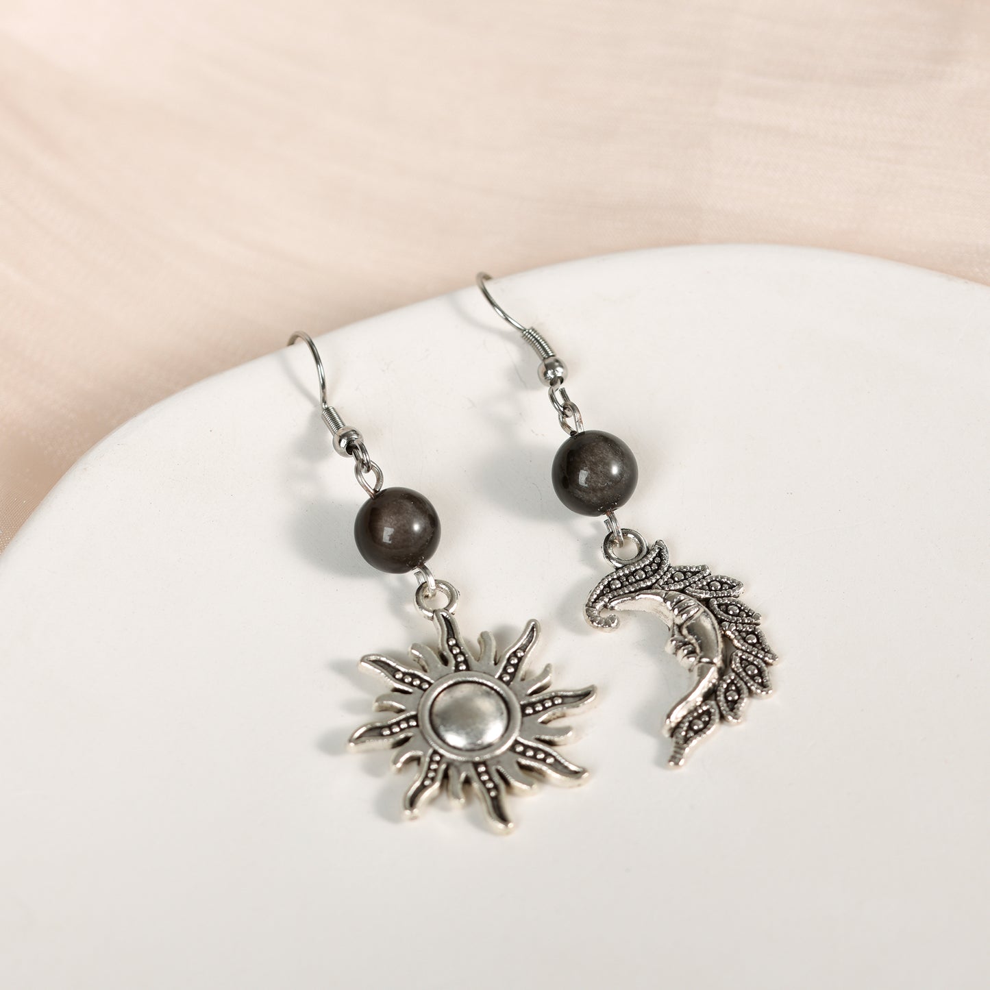 Natural Crystal Moon and Sun Earrings Fashion Silver obsidian jewelry