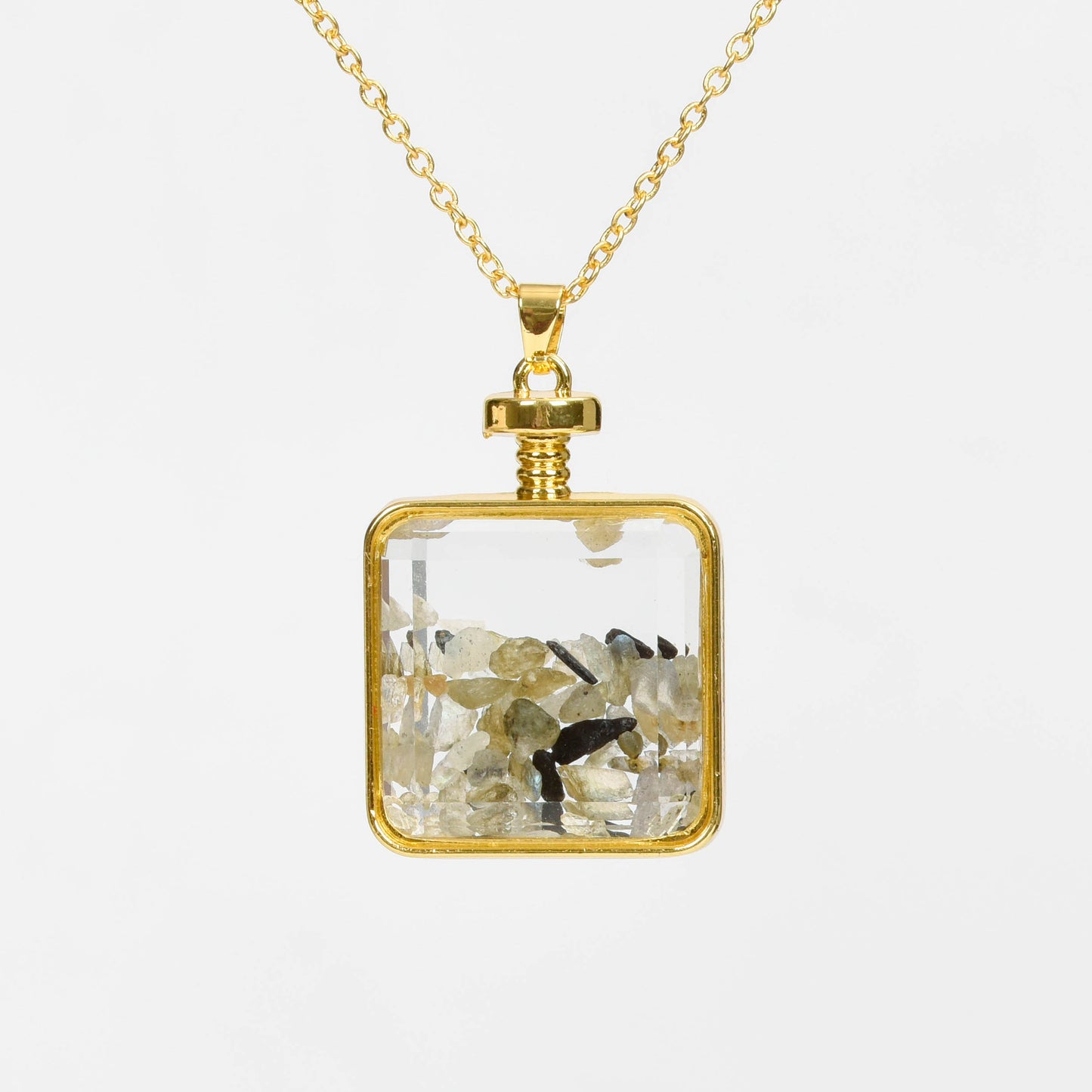 Glass square necklace Gravel pendant Metal chain