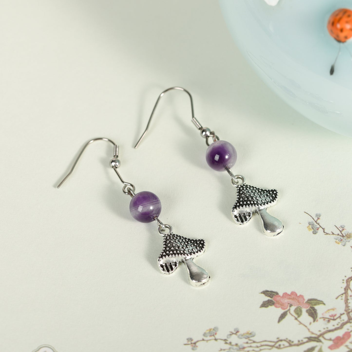 Natural Crystal Mushroom  Earrings Silver Fashion Wholesale Accessories