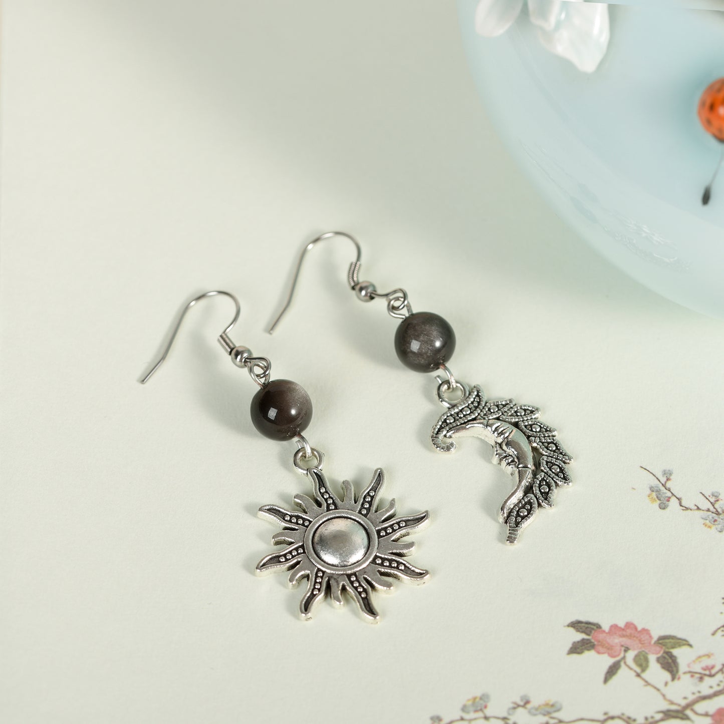 Natural Crystal Moon and Sun Earrings Fashion Silver obsidian jewelry