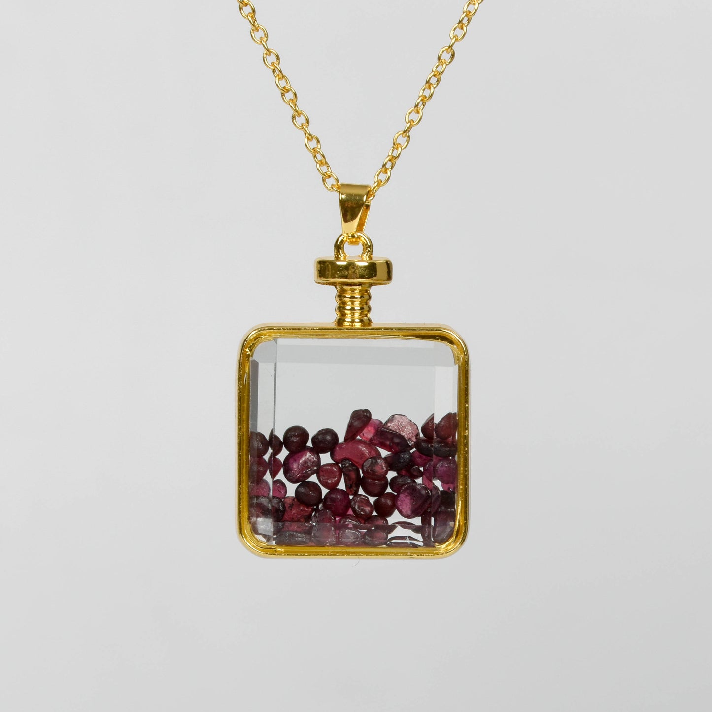 Glass square necklace Gravel pendant Metal chain