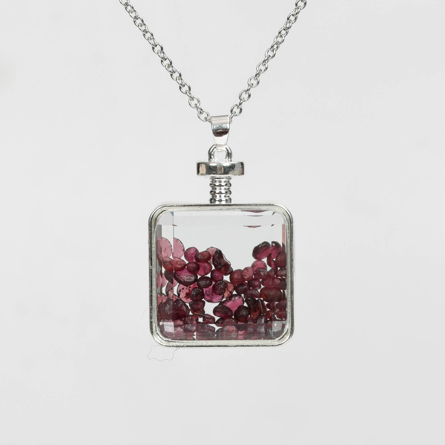 Glass square necklace Gravel pendant Metal chain