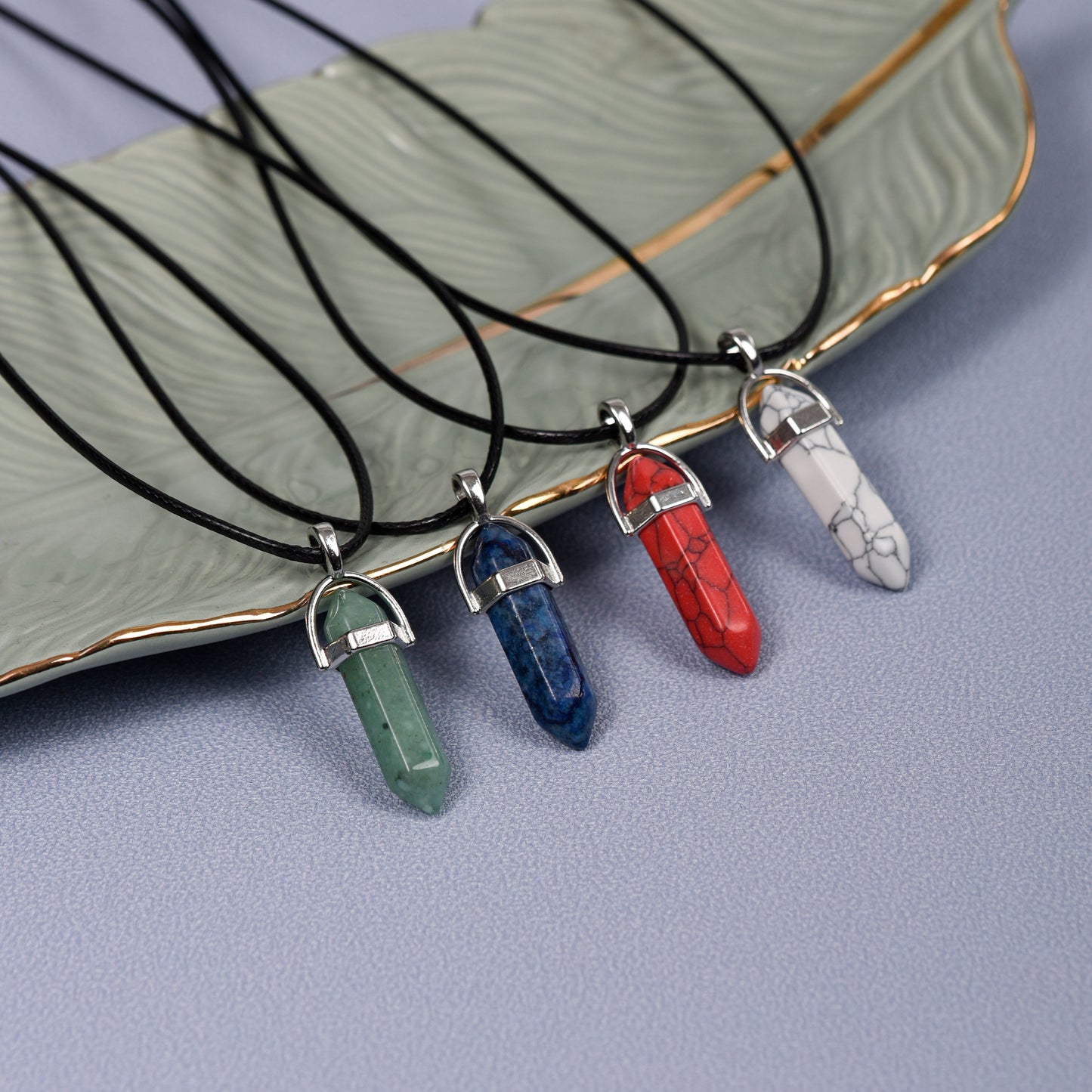 Natural Stone Necklace With Chain Pendant Hexagonal Leather Necklace