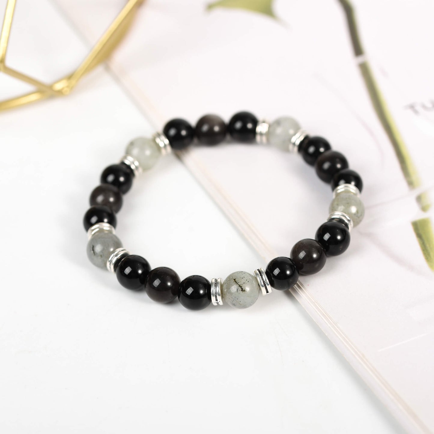 Natural crystal silver Obsidian Bracelet With Spacer Bead Energy