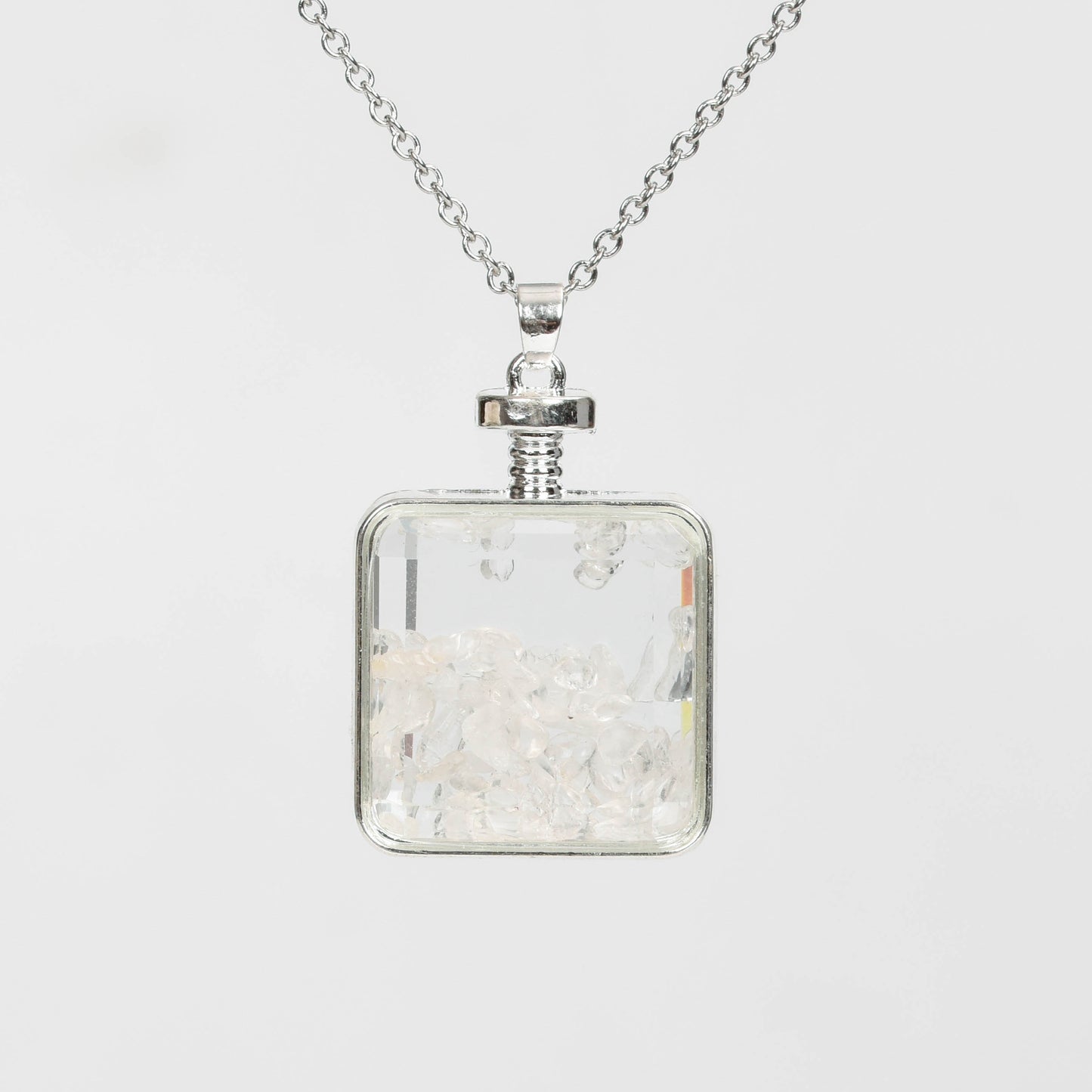 Glass square necklace Gravel pendant Metal chain