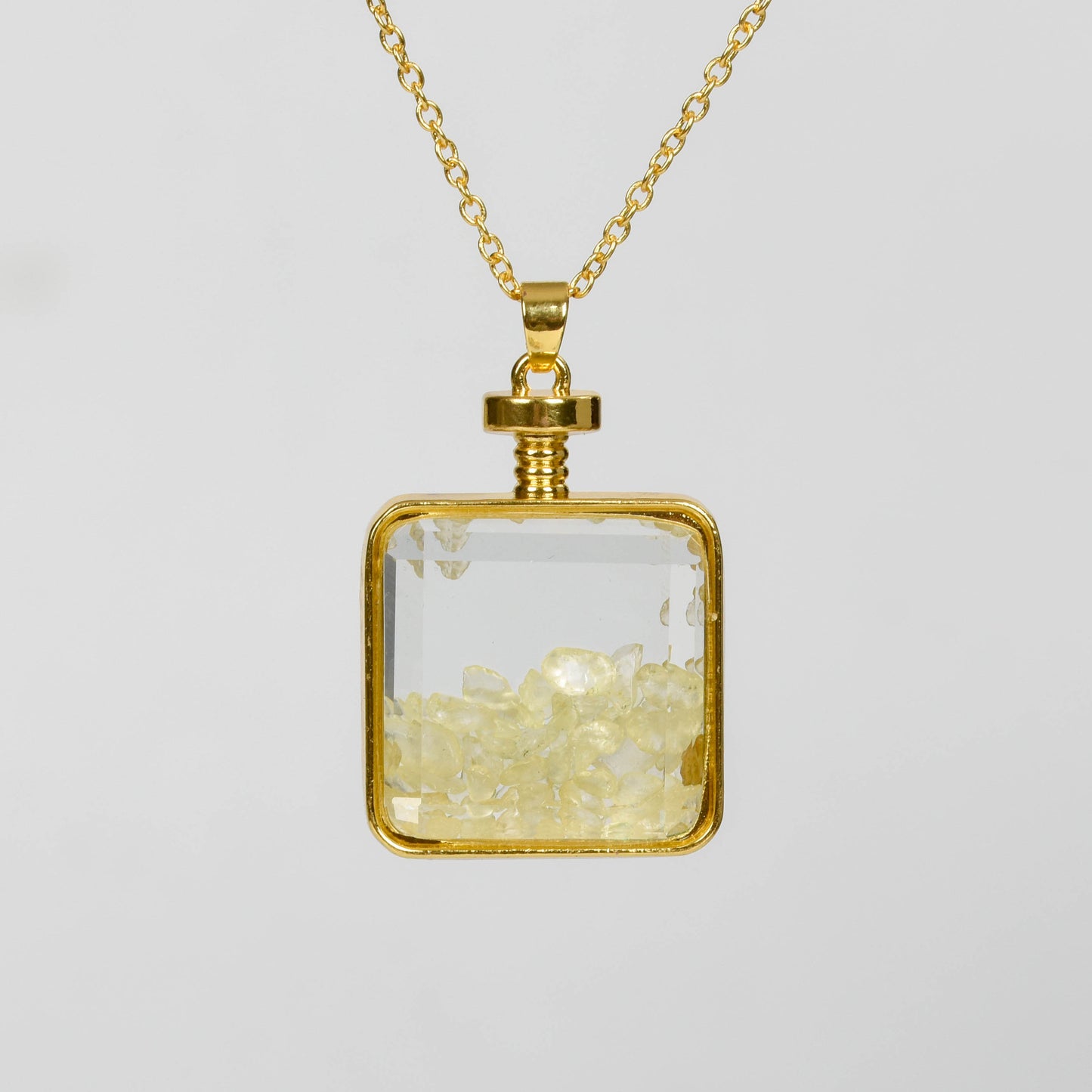 Glass square necklace Gravel pendant Metal chain