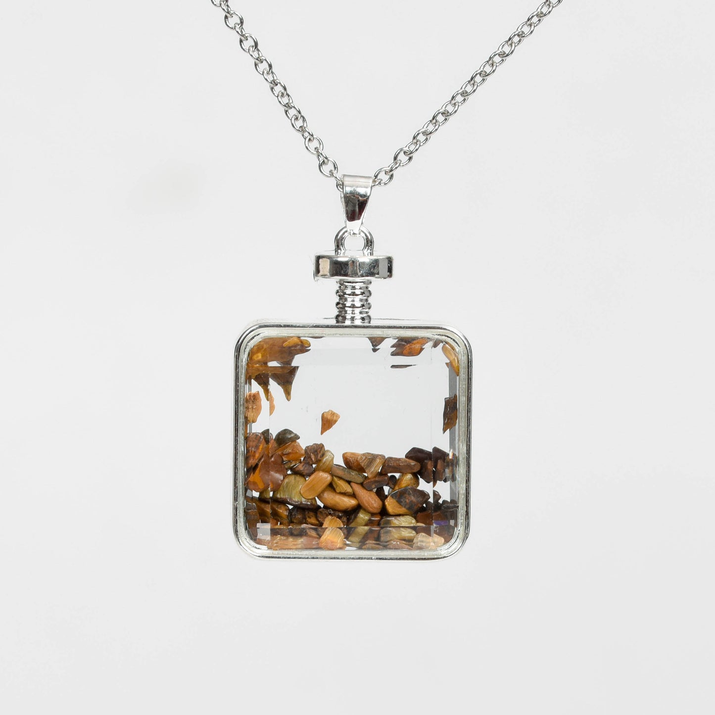 Glass square necklace Gravel pendant Metal chain