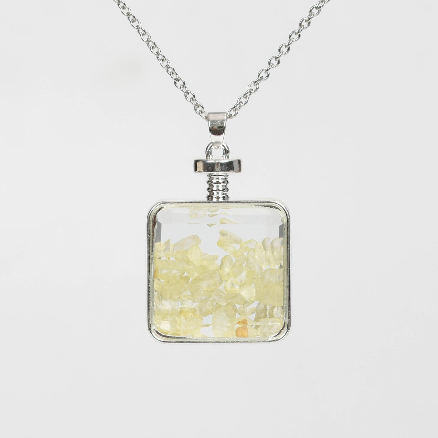 Glass square necklace Gravel pendant Metal chain