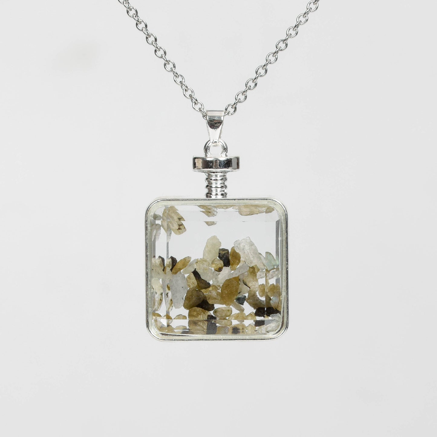 Glass square necklace Gravel pendant Metal chain