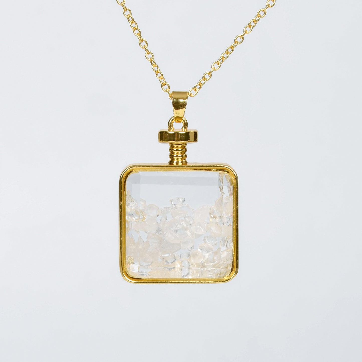 Glass square necklace Gravel pendant Metal chain