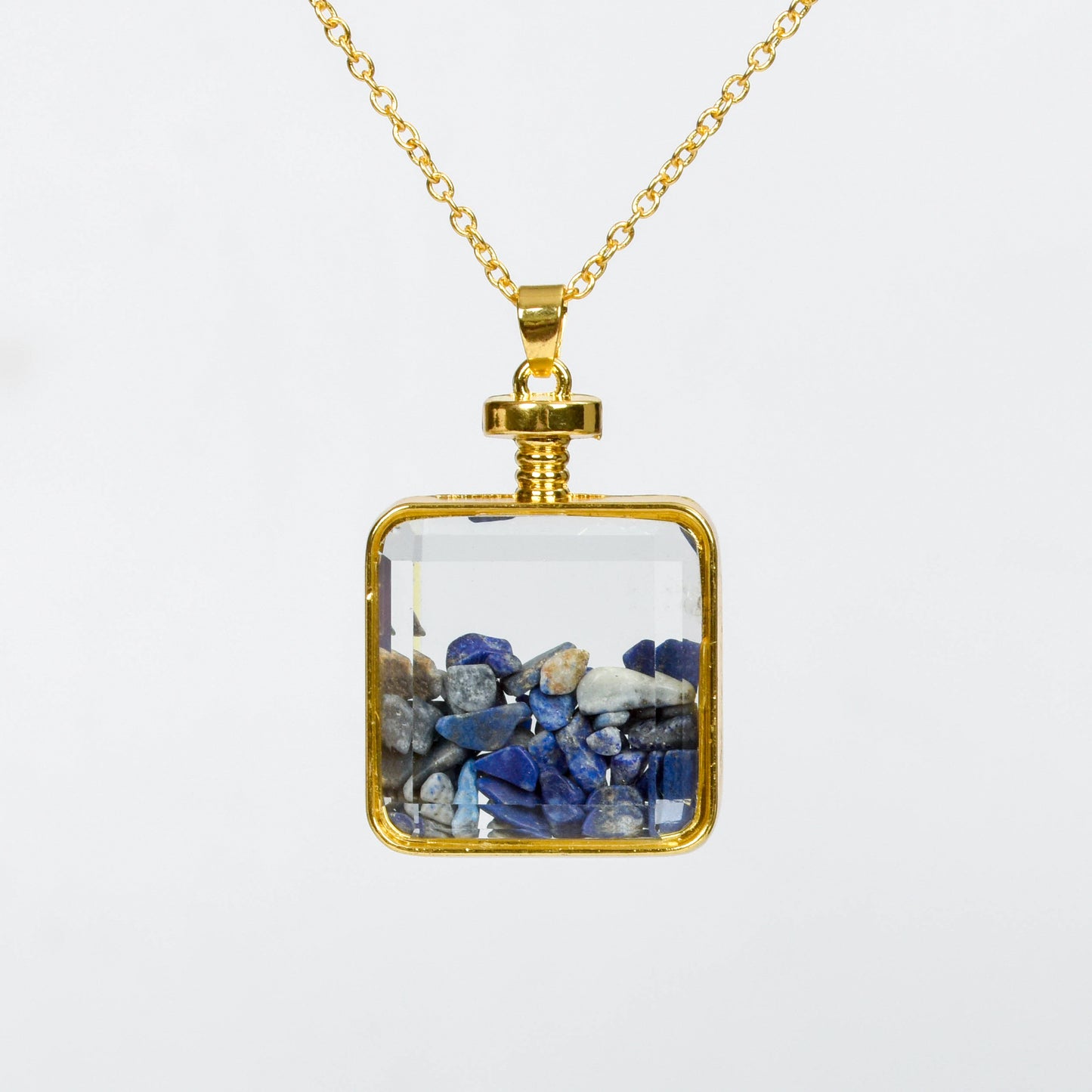 Glass square necklace Gravel pendant Metal chain