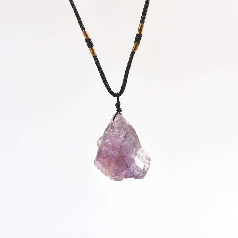 Raw amethyst irregular stone pendant with leather rope accessories pink crystal topaz necklace