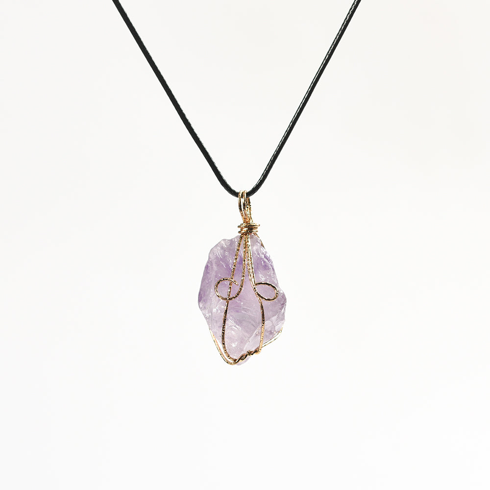 Raw amethyst irregular stone pendant with leather rope accessories pink crystal topaz necklace