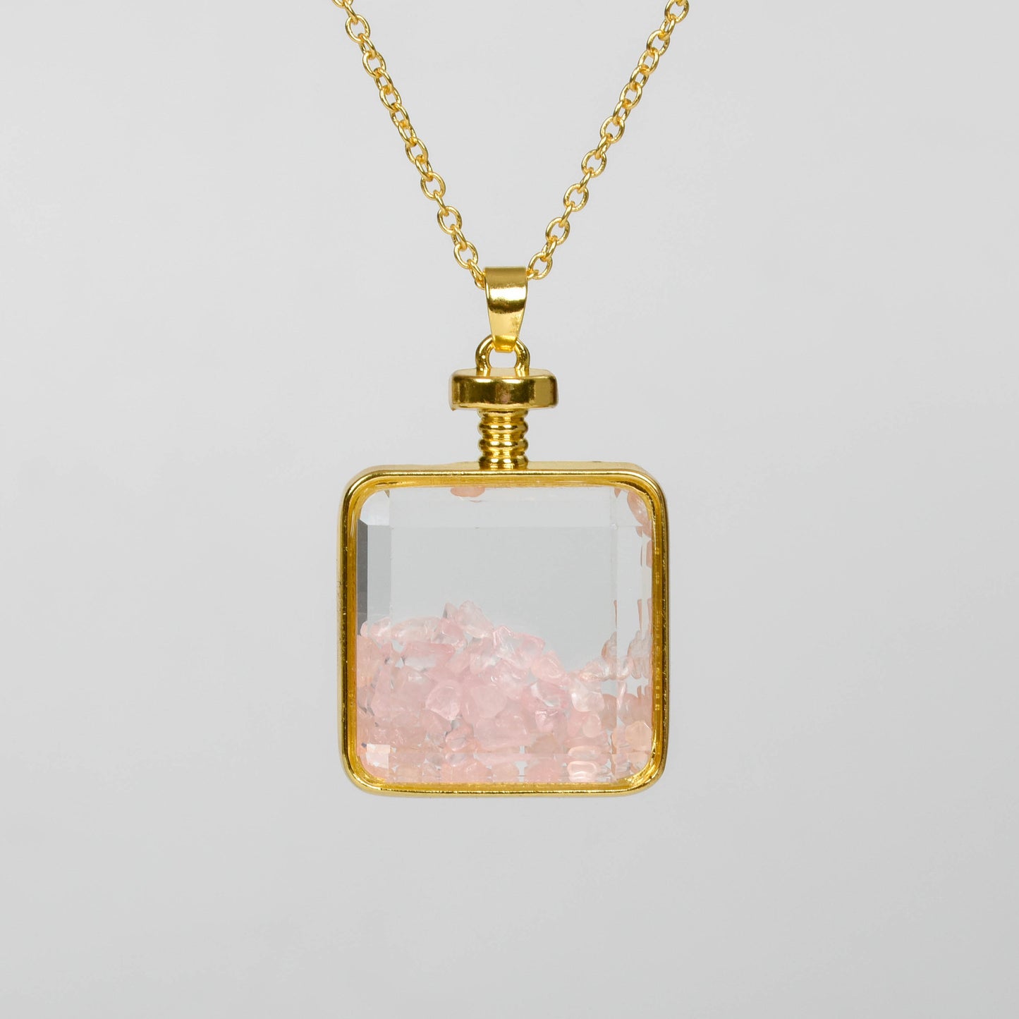 Glass square necklace Gravel pendant Metal chain