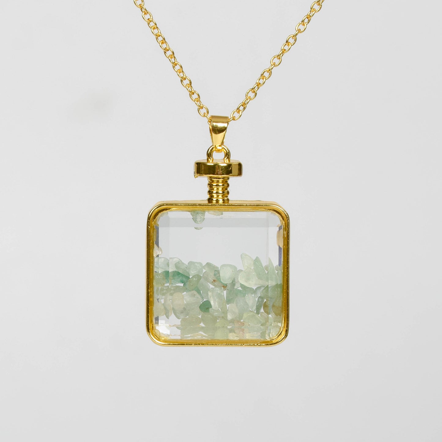 Glass square necklace Gravel pendant Metal chain