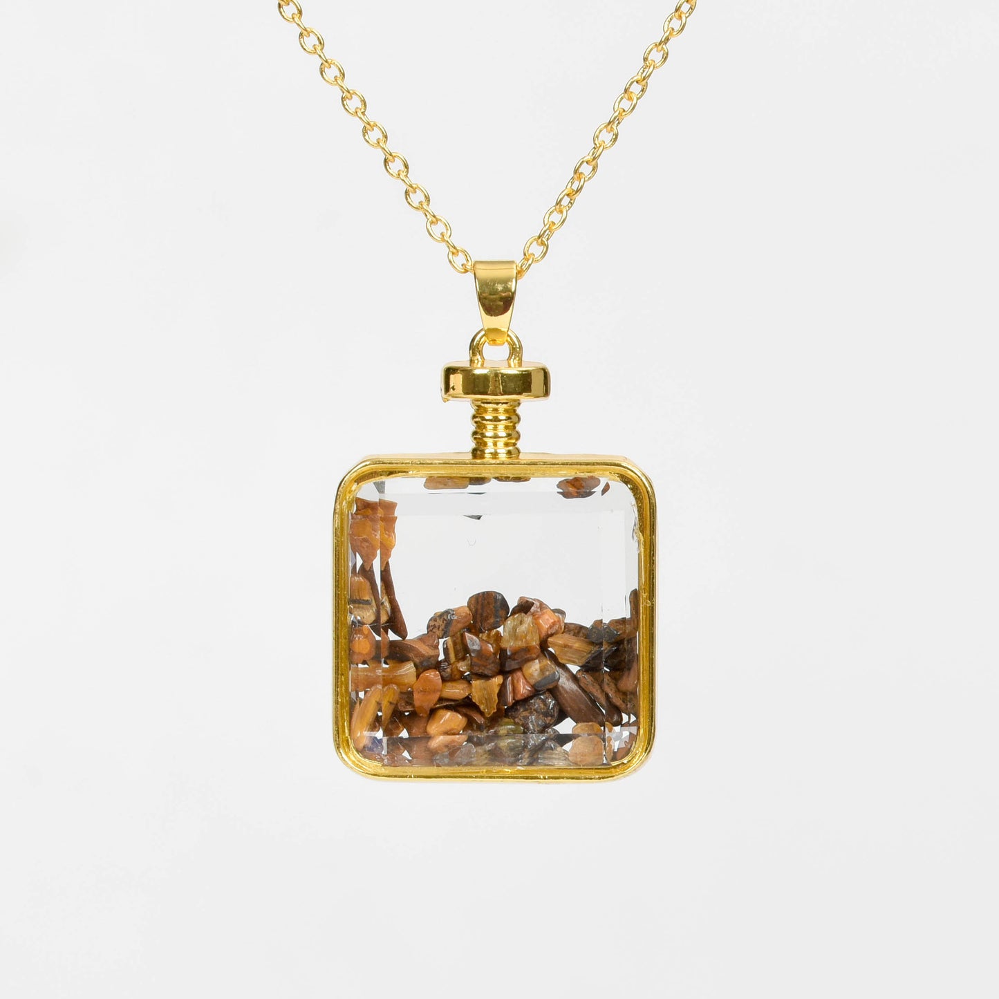 Glass square necklace Gravel pendant Metal chain