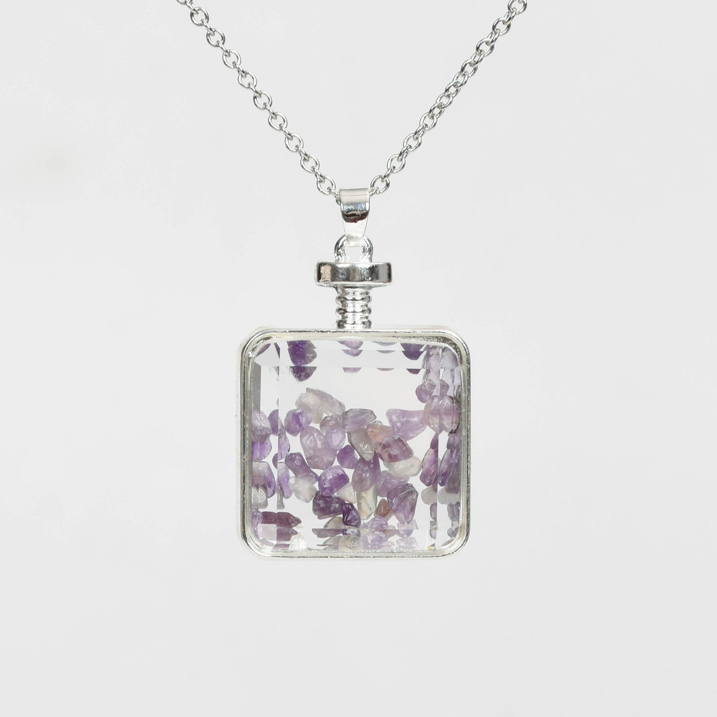 Glass square necklace Gravel pendant Metal chain