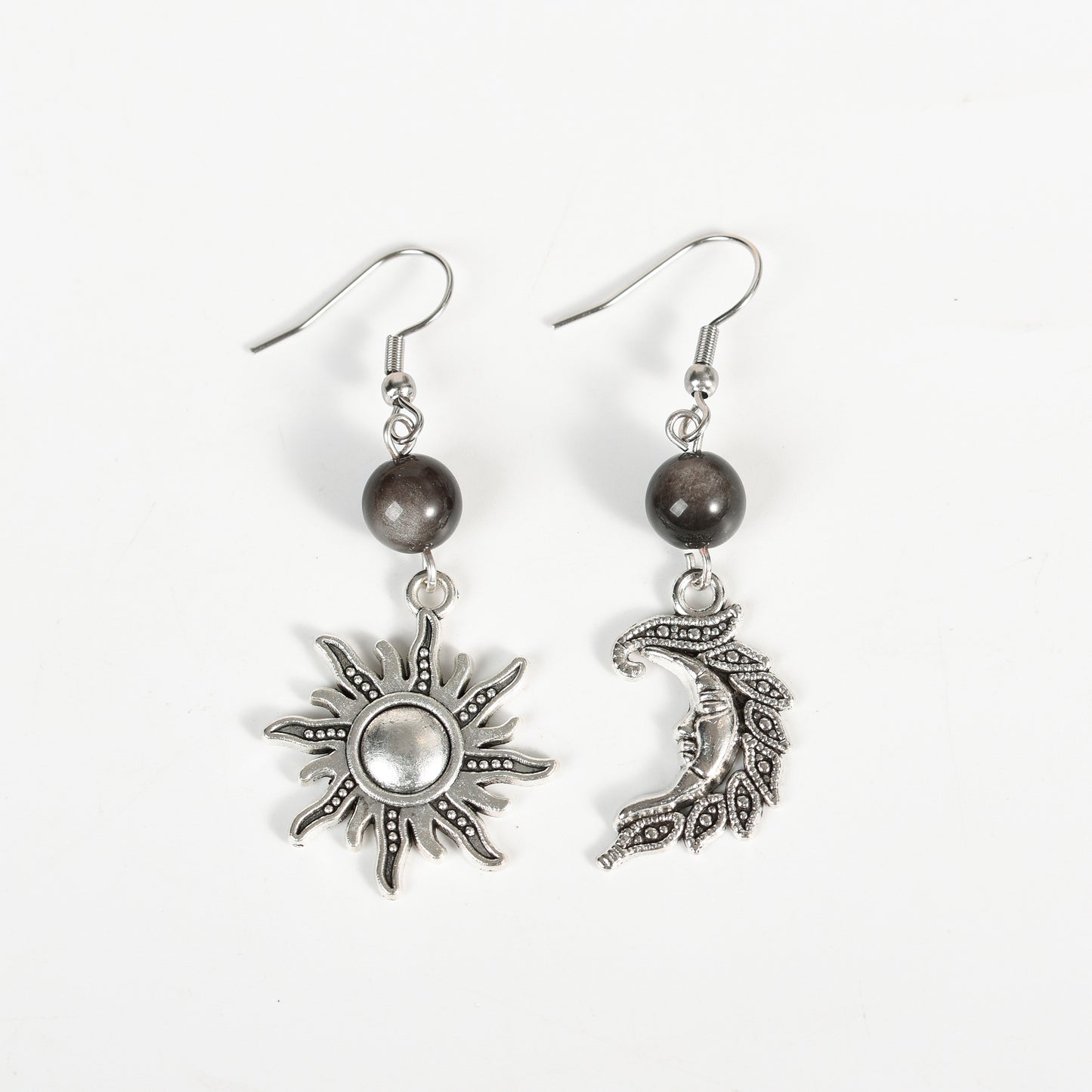 Natural Crystal Moon and Sun Earrings Fashion Silver obsidian jewelry